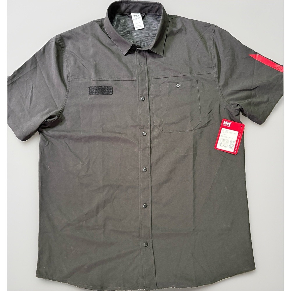 Helly Hansen Shirt Mens XL Badger Short Sleeve Button Logo PFG Shirt Black Aspen